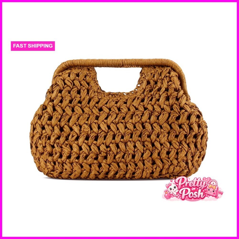 Straw Clutch Purse, Woven Evening Shoulder Bag with Detachable Chain Strap - Picture 1 of 7